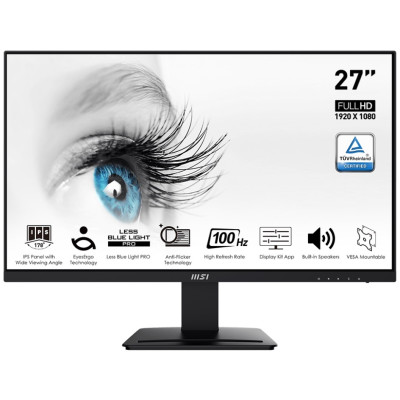 Монітор 27" MSI PRO MP273A, Black, WLED, IPS, 1920x1080 (16:9), 1 мс, 100 Гц, 250 кд/м², 1000:1, 178°/178°, 2x3 Вт, VGA/HDMI/DP,