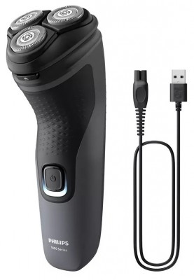 Електробритва Philips S1142/00 Shaver 1100, Black/Grey, роторна, сухе гоління, 3 головки, чистка під струменем води, леза PowerCut, гнучкі головки 4D, акумулятор/мережа