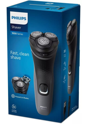 Електробритва Philips S1142/00 Shaver 1100, Black/Grey, роторна, сухе гоління, 3 головки, чистка під струменем води, леза PowerCut, гнучкі головки 4D, акумулятор/мережа