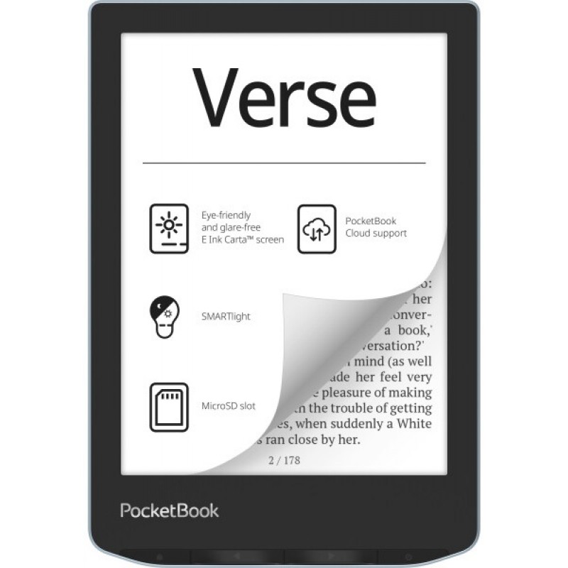 Електронна книга 6" PocketBook Verse PB629 Bright Blue (PB629-2-CIS) E-Ink Carta, 1024х758, 212 dpi, 8Gb, microSD, 1GHz, 512Mb, 1500 мАч, підсвічування, Wi-Fi, USB Type-C