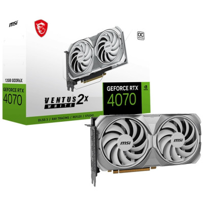 Відеокарта GeForce RTX 4070, MSI, VENTUS 2X OC (White Edition), 12Gb GDDR6X, 192-bit, HDMI/3xDP, 2520/21000 MHz, 8-pin (RTX 4070 VENTUS 2X WHITE 12G OC)