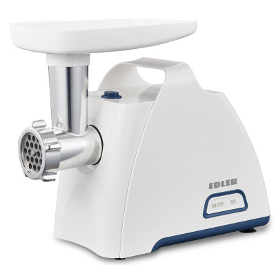 М'ясорубка Edler EDMG-1005, White/Blue, 1400W, 2 швидкості, диски для подрібнення 5/7мм, насадка для ковбасок/«кеббе», 3 терки (приготування дерунів, шинкування, слайсер), реверс
