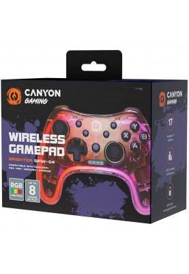 Геймпад Canyon GPW-04 "Brighter", Red/Pink, бездротовий (USB 2.4GHz), для ПК / PS4 / PS3 / Android / Xbox 360, 17 кнопок, подвійна вібрація, RGB підсвічування, 800 mAh (CND-GPW04)