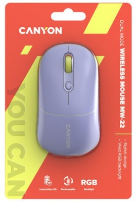 Миша бездротова Canyon MW-22, Mountain Lavender, Bluetooth / USB 2.4 GHz, оптична, 800 - 1600 dpi, 6 кнопок, RGB підсвічування, 650 mAh (CNS-CMSW22ML)