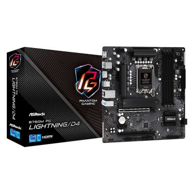 Материнська плата LGA1700, ASRock B760M PG Lightning/D4, B760, 4xDDR4, Int.Video(CPU), 4xSATA3, 2xM.2, 2xPCI-E 4.0 x16, 1xPCI-E 4.0 x1, 1xM.2 (Key E), ALC897, RTL8111H, 6xUSB3.2/6xUSB2.0, HDMI/DP, CrossFire, MicroATX