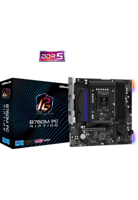 Материнська плата LGA1700, ASRock B760M PG Riptide, B760, 4xDDR5, Int.Video(CPU), 4xSATA3, 2xM.2, 1xPCI-E 4.0 x16, 1xPCI-E 4.0 x1, 1xM.2 (Key E), ALC897, RTL8125BG, 7xUSB3.2/6xUSB2.0, HDMI/DP, CrossFire, MicroATX