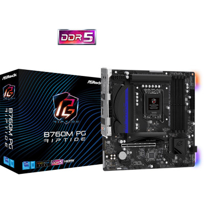 Материнська плата LGA1700, ASRock B760M PG Riptide, B760, 4xDDR5, Int.Video(CPU), 4xSATA3, 2xM.2, 1xPCI-E 4.0 x16, 1xPCI-E 4.0 x1, 1xM.2 (Key E), ALC897, RTL8125BG, 7xUSB3.2/6xUSB2.0, HDMI/DP, CrossFire, MicroATX