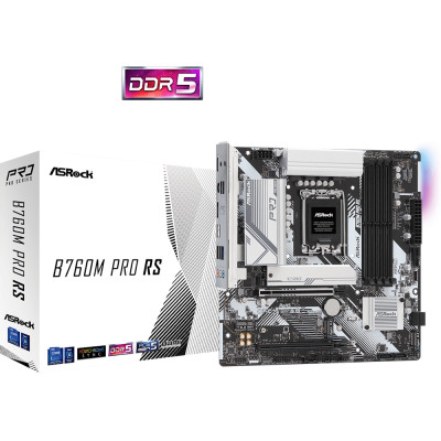 Материнська плата LGA1700, ASRock B760M Pro RS, B760, 4xDDR5, Int.Video(CPU), 4xSATA3, 3xM.2, 1xPCI-E 5.0 x16, 1xPCI-E 3.0 x16, 1xM.2 (Key E), ALC897, RTL8125BG, 7xUSB3.2/6xUSB2.0, HDMI/DP, CrossFire, MicroATX