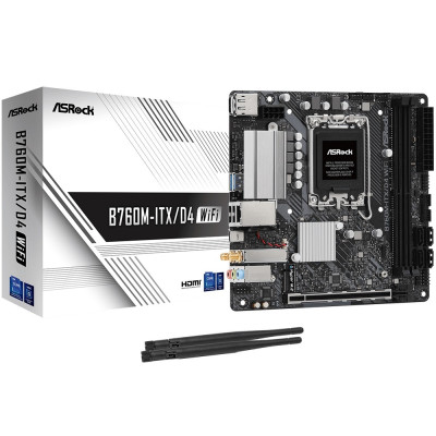 Материнська плата LGA1700, ASRock B760M-ITX/D4 WiFi, B760, 2xDDR4, Int.Video(CPU), 4xSATA3, 1xM.2, 1xPCI-E 4.0 x16, ALC897, RTL8111H, WiFi 6E, Bluetooth 5.3, 5xUSB3.2/6xUSB2.0, HDMI/DP, Mini-ITX