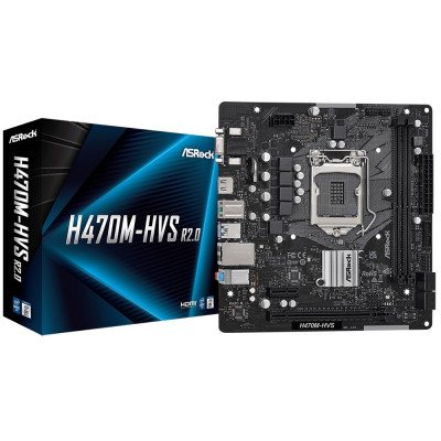 Мат.плата 1200 (H470) ASRock H470M-HVS R2.0, H470, 2xDDR4, Int.Video(CPU), 4xSATA3, 1xPCI-E 3.0 x16, 1xPCI-E 3.0 x1, ALC897, RTL8111H, 4xUSB3.2/6xUSB2.0, VGA/HDMI, MicroATX