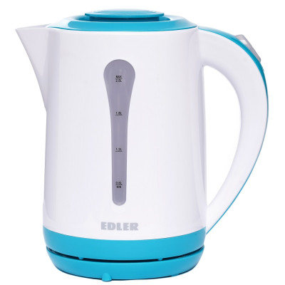 Електрочайник Edler EK4520 Turquoise, 2200W, 2.5л, дисковий, пластиковий корпус, індикатор рівня води, захист від перегріву, захист від кипіння без води, знімний фільтр від накипу
