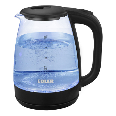 Електрочайник Edler EK5510, Black, 1500W, 1.8л, скло+пластик, дисковий, індикатор рівня води, підсвічування, захист від перегріву, захист від кипіння без води
