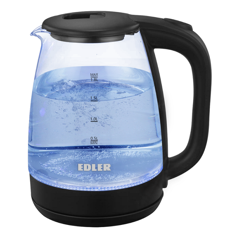 Електрочайник Edler EK5510, Black, 1500W, 1.8л, скло+пластик, дисковий, індикатор рівня води, підсвічування, захист від перегріву, захист від кипіння без води