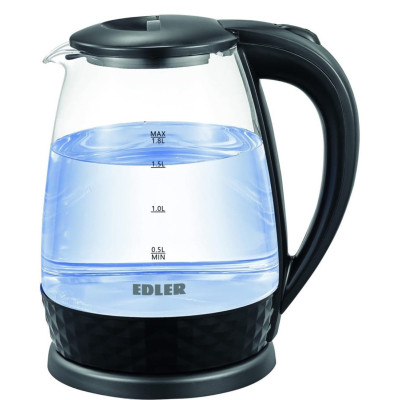 Електрочайник Edler EK5520, Black, 1500W, 1.8л, скло+пластик, дисковий, індикатор рівня води, підсвічування, захист від перегріву, захист від кипіння без води