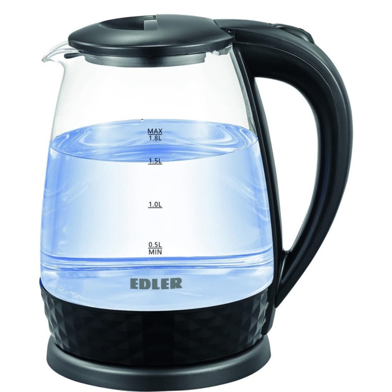 Електрочайник Edler EK5520, Black, 1500W, 1.8л, скло+пластик, дисковий, індикатор рівня води, підсвічування, захист від перегріву, захист від кипіння без води