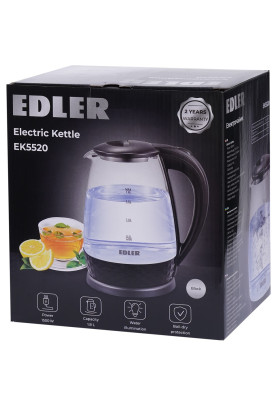 Електрочайник Edler EK5520, Black, 1500W, 1.8л, скло+пластик, дисковий, індикатор рівня води, підсвічування, захист від перегріву, захист від кипіння без води