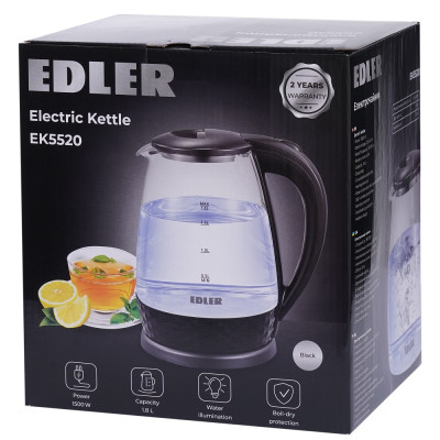 Електрочайник Edler EK5520, Black, 1500W, 1.8л, скло+пластик, дисковий, індикатор рівня води, підсвічування, захист від перегріву, захист від кипіння без води