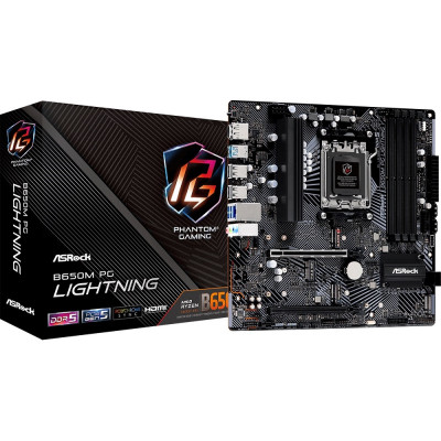 Материнська плата AM5 ASRock B650M PG Lightning, B650, 4xDDR5, Int.Video (CPU), 4xSATA3, 3xM.2, 1xPCI-E 4.0x16, 1xPCI-E 3.0x16, 1xM2. 9xUSB3.2/8xUSB2.0, HDMI/DP, MicroATX