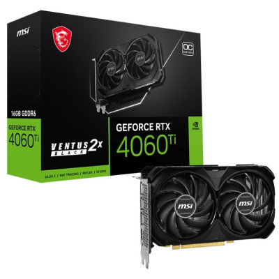 Відеокарта GeForce RTX 4060 Ti, MSI, VENTUS 2X BLACK OC, 16Gb GDDR6, 128-bit, HDMI/3xDP, 2625/18000 MHz, 8-pin (RTX 4060 Ti VENTUS 2X BLACK 16G OC)