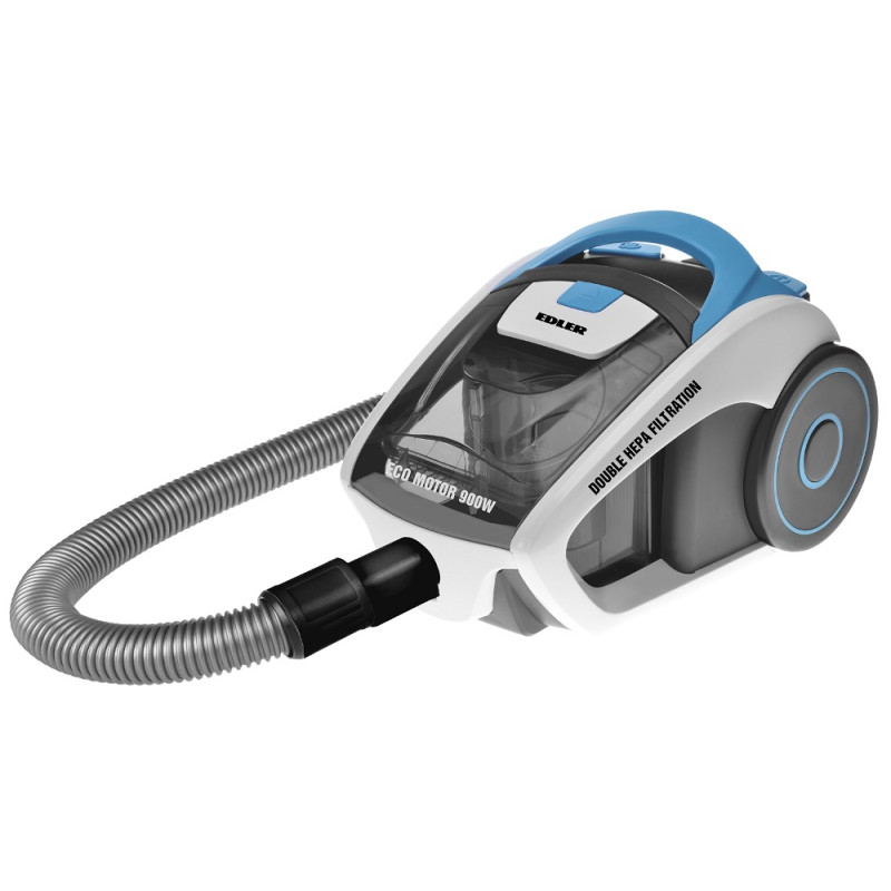Пилосос Edler ED-1507BO, White/Blue, 900W, контейнер, об'єм пилозбірника 1.2л, циклонна система, турбощітка, універсальна щітка підлога/килим, щілинна, HEPA-фільтр