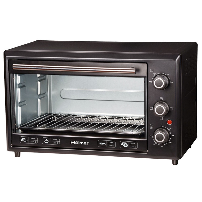 Електродуховка Holmer HEO-183С, Black, 1800w, 35л, конвекція, в комплекті деко з антипригарним покриттям та решітка гриль, індикатор роботи, таймер, 100°С-250°С, фіксація відкритого положення дверцят