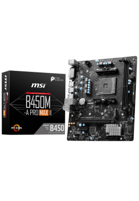 Мат.плата AM4 (B450) MSI B450M-A PRO MAX II, B450, 2xDDR4, Int.Video(CPU), 4xSATA3, 1xM.2, 1xPCI-E 3.0 x16, 1xPCI-E 2.0 x1, ALC897, RTL8125, 6xUSB3.2/6xUSB2.0, DVI-D/HDMI, MicroATX