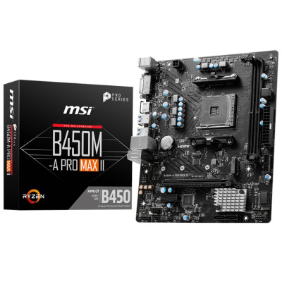 Мат.плата AM4 (B450) MSI B450M-A PRO MAX II, B450, 2xDDR4, Int.Video(CPU), 4xSATA3, 1xM.2, 1xPCI-E 3.0 x16, 1xPCI-E 2.0 x1, ALC897, RTL8125, 6xUSB3.2/6xUSB2.0, DVI-D/HDMI, MicroATX