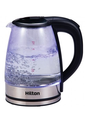 Електрочайник Hilton HEK-184, Black/Inox, 1500W, 1.8л, скло+нерж.сталь, дисковий, індикатор рівня води, захист від перегріву, відключення за відсутності води, LED-підсвітка