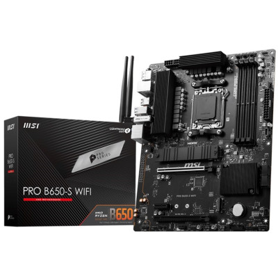 Материнська плата AM5 MSI PRO B650-S WIFI, B650, 4xDDR5, Int.Video (CPU), 4xSATA3, 2xM.2, 2xPCI-E 4.0 16x, 1xPCI-E 3.0 1x, ALC895, 8. 10xUSB3.2/4xUSB2.0, HDMI/DP, ATX