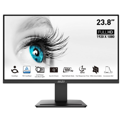 Монітор 23.8" MSI PRO MP2412, Black, WLED, VA, 1920x1080 (16:9), 1 мс, 100 Гц, 300 кд/м², 4000:1, 178°/178°, HDMI/DP, VESA 75x75 мм, Adaptive Sync