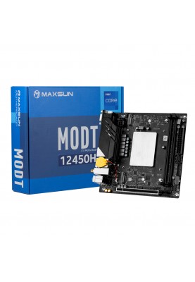 Мат.плата с процесором Maxsun MoDT 12450H ITX WIFI, i5-12450H (4P(HT) 3.3-4.4Ghz+4E), Int.Video(CPU), 4xSATA3, 1xPCI-E 8x 4.0, 2*M.2 4.0, 1*M.2 3.0, Intel AC9560, RTL8125B+RTL8111H, VGA/DP/2*HDMI, mini-ITX