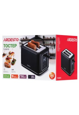 Тостер Ardesto T-K301E, Black, 800W, 2 тости, 2 відділення, 7 режимів підсмажування, дисплей з індикацією часу приготування, автоцентрування, кнопка скасування приготування, підігрів