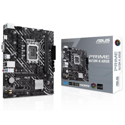 Мат.плата LGA1700, Asus PRIME H610M-K ARGB, H610, 2xDDR5, Int.Video(CPU), 4xSATA3, 1xM.2, 1xPCI-E 4.0 x16, 1xPCI-E 3.0 x1, ALC997, GLan, 4xUSB3.2/6xUSB2.0, VGA/HDMI, MicroATX