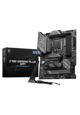 Материнська плата LGA1700, MSI Z790 GAMING PLUS WIFI, Z790, 4xDDR5, Int.Video(CPU), 6xSATA3, 4xM.2, 1xPCI-E 5.0 x16, 1xPCI-E 4.0 x16, 1xPCI-E 3.0 x16, 1xPCI-E 3.0 x1, ALC897, I225V, WiFi 6E, Bluetooth 5.3, 9xUSB3.2/8xUSB2.0, HDMI/DP, ATX