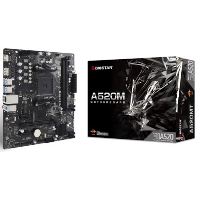 Мат.плата AM4 (A520) Biostar A520MT, A520, 2xDDR4, Int.Video(CPU), 4xSATA3, 1xM.2, 1xPCI-E 3.0 x16, 2xPCI-E 3.0 x1, ALC897, RTL8111H, 7xUSB3.2/6xUSB2.0, HDMI/DP, MicroATX