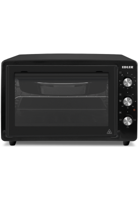 Електродуховка Edler EDEO-3801 Black, 1300W, 38л, металевий корпус, механічне керування, 3 режиму нагріву, макс. температура 240°C, індикатор роботи, таймер, решітка, кругле деко, прямокутне деко