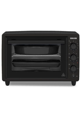 Електродуховка Edler EDEO-3802 Black, 1300W, 38л, металевий корпус, механічне керування, 3 режиму нагріву, макс. температура 240°C, індикатор роботи, таймер, рожен, решітка, кругле деко, прямокутне деко