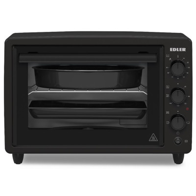 Електродуховка Edler EDEO-3802 Black, 1300W, 38л, металевий корпус, механічне керування, 3 режиму нагріву, макс. температура 240°C, індикатор роботи, таймер, рожен, решітка, кругле деко, прямокутне деко