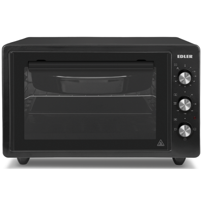 Електродуховка Edler EDEO-4501 Black, 1300W, 45л, металевий корпус, механічне керування, 3 режиму нагріву, макс. температура 240°C, індикатор роботи, таймер, решітка, кругле деко, прямокутне деко