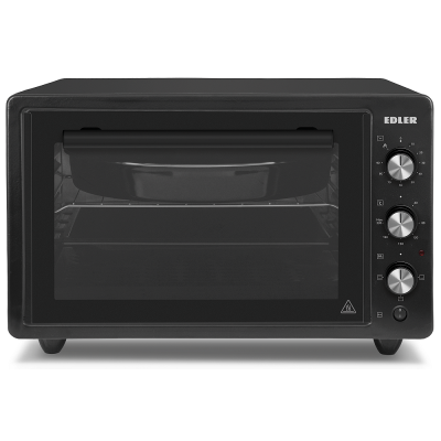 Електродуховка Edler EDEO-4502 Black, 1300W, 45л, металевий корпус, механічне керування, 3 режиму нагріву, макс. температура 240°C, індикатор роботи, таймер, підсвітка, рожен, решітка, кругле деко, прямокутне деко