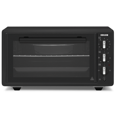 Електродуховка Edler EDEO-4801 Black, 1400W, 48л, металевий корпус, механічне керування, 3 режиму нагріву, макс. температура 240°C, індикатор роботи, таймер, підсвітка, решітка, кругле деко, прямокутне деко