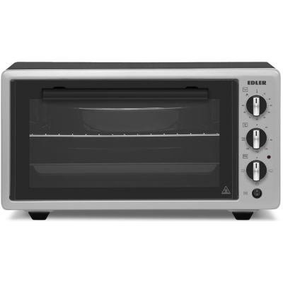 Електродуховка Edler EDEO-4801 Gray, 1400W, 48л, металевий корпус, механічне керування, 3 режиму нагріву, макс. температура 240°C, індикатор роботи, таймер, підсвітка, решітка, кругле деко, прямокутне деко