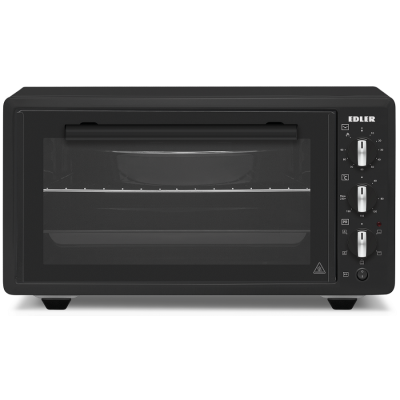 Електродуховка Edler EDEO-4802 Black, 1400W, 48л, металевий корпус, механічне керування, 3 режиму нагріву, макс. температура 240°C, індикатор роботи, таймер, підсвітка, рожен, решітка, кругле деко, прямокутне деко