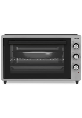 Електродуховка Edler EDEO-7002 Gray PRO, 2000W, 75л, металевий корпус, механічне керування, 3 режиму нагріву, конвекція, макс. температура 220°C, індикатор роботи, таймер, підсвітка, рожен, решітка, кругле деко, прямокутне деко