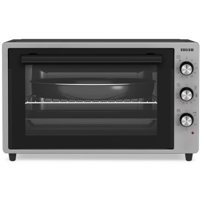 Електродуховка Edler EDEO-7002 Gray PRO, 2000W, 75л, металевий корпус, механічне керування, 3 режиму нагріву, конвекція, макс. температура 220°C, індикатор роботи, таймер, підсвітка, рожен, решітка, кругле деко, прямокутне деко