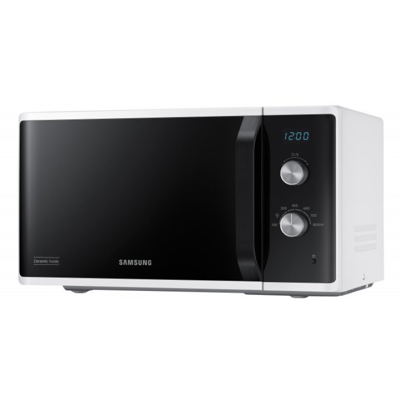 Мікрохвильова піч Samsung MS23K3614AW/UA, White/Black, 800W, 23л, 6 рівнів потужності, управління механічне, дисплей, відкриття дверцят ручкою, таймер, годинник