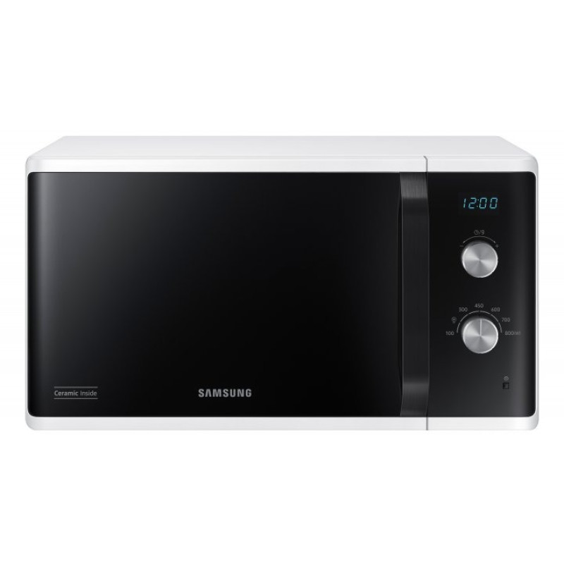 Мікрохвильова піч Samsung MS23K3614AW/UA, White/Black, 800W, 23л, 6 рівнів потужності, управління механічне, дисплей, відкриття дверцят ручкою, таймер, годинник