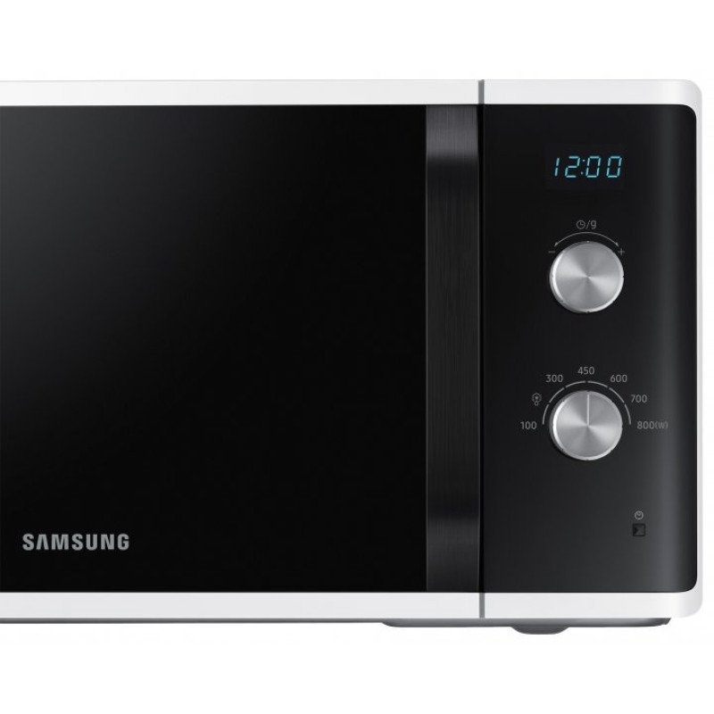 Мікрохвильова піч Samsung MS23K3614AW/UA, White/Black, 800W, 23л, 6 рівнів потужності, управління механічне, дисплей, відкриття дверцят ручкою, таймер, годинник