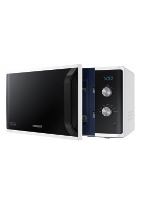 Мікрохвильова піч Samsung MS23K3614AW/UA, White/Black, 800W, 23л, 6 рівнів потужності, управління механічне, дисплей, відкриття дверцят ручкою, таймер, годинник