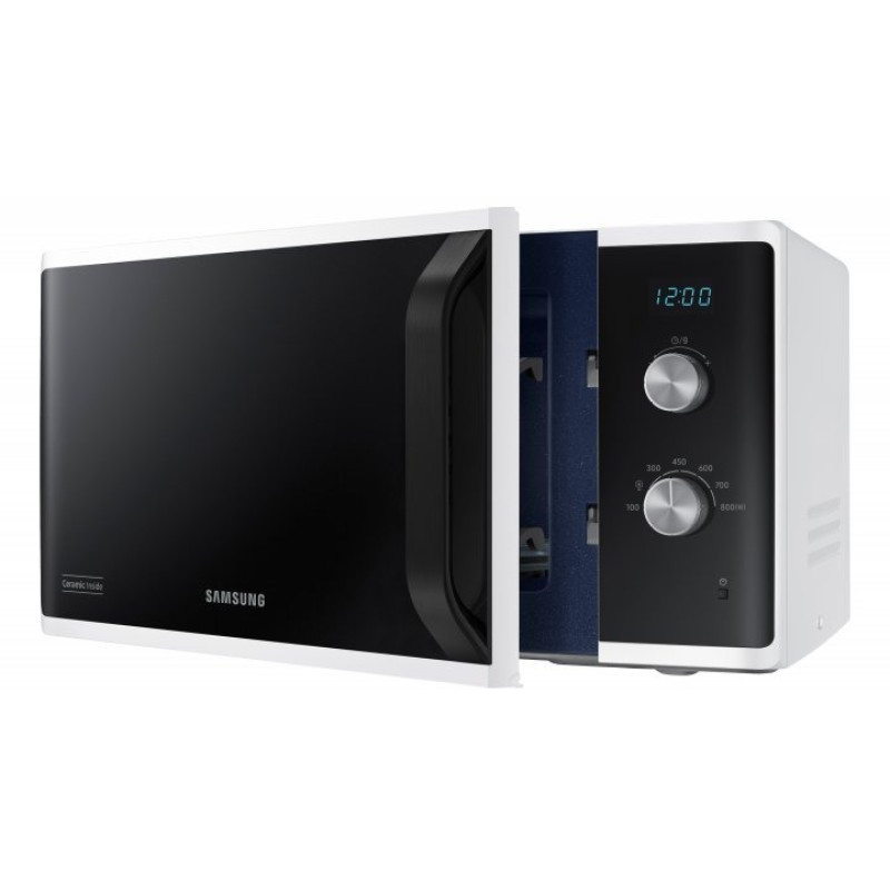 Мікрохвильова піч Samsung MS23K3614AW/UA, White/Black, 800W, 23л, 6 рівнів потужності, управління механічне, дисплей, відкриття дверцят ручкою, таймер, годинник